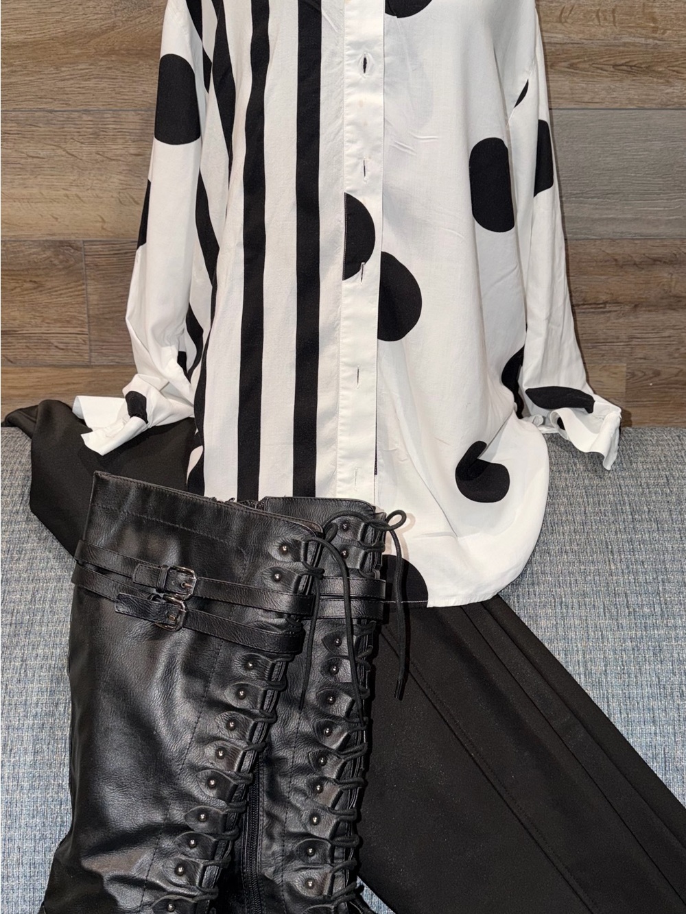 Black and White split-pattern oversized button-down shirt Large